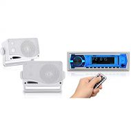 Sound Around 3-Way Weatherproof Outdoor Speaker Set - 3.5 Inch 200W Pair - Pyle PLMR24 (White) & Pyle Marine Bluetooth Stereo Radio - 12v Single DIN Style Boat in Dash Radio Receiver System - P