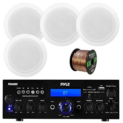  Sound Around Pyle USB/SD-Card 200 Watt Bluetooth Stereo Amplifier Receiver, 8 Two-Way in-Ceiling Speakers w/70V Transformer (4 Speakers), 16-Gauge 50 Foot Speaker Wire