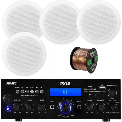  Sound Around Pyle USB/SD-Card 200 Watt Bluetooth Stereo Amplifier Receiver, 8 Two-Way in-Ceiling Speakers w/70V Transformer (4 Speakers), 16-Gauge 50 Foot Speaker Wire