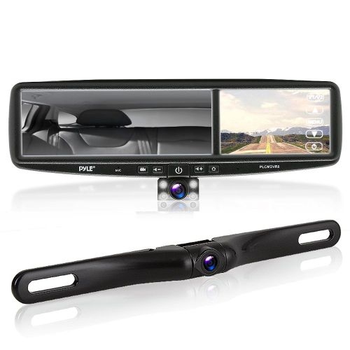  Sound Around Pyle Rearview Mirror Backup Camera - Parking Monitor, Video Recording Driving System, HD 1080p, Image Capture, and Waterproof Night Vision Cam, with Distance Scale Lines - PLCMDVR8