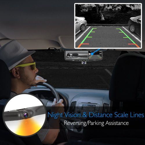  Sound Around Pyle Rearview Mirror Backup Camera - Parking Monitor, Video Recording Driving System, HD 1080p, Image Capture, and Waterproof Night Vision Cam, with Distance Scale Lines - PLCMDVR8