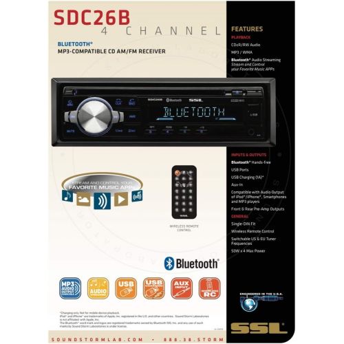  [아마존베스트]Sound Storm Laboratories Sound Storm Labs SDC26B Car Stereo CD Player - Single Din Bluetooth Audio and Hands Free Calling MP3 Player CD USB Port AUX Input AMFM Radio Receiver