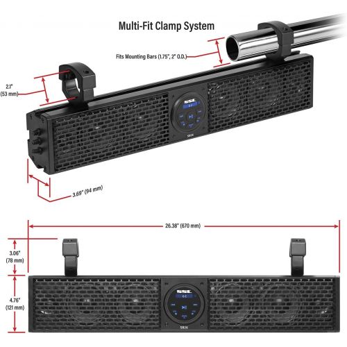  Sound Storm Laboratories SB26 UTV Sound Bar System - 26 Inch Wide, Weatherproof IPX5 Rated, Bluetooth, Amplified, 4 Inch Speakers, 1 Inch Horn Loaded Tweeters, Easy Installation fo
