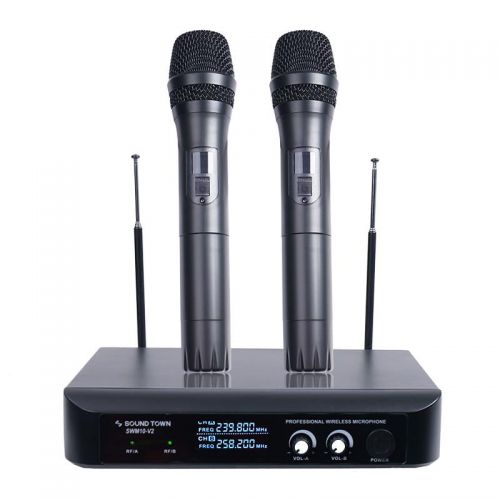  Sound Town Professional Dual-Channel VHF Handheld Wireless Microphone System with LED Display, 2 Handheld Mics for Family Party, Conference, Karaoke, wedding, Church (SWM10-V2HH)