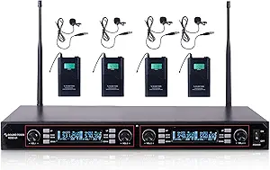 Sound Town 200-Channel Rack Mountable Professional Adjustable UHF Wireless Microphone System with Metal Receiver, 4 Lavalier Mics, 4 Bodypack Transmitters (NESO-U4LL)