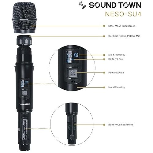  Sound Town 200 Channels Adjustable UHF Wireless Microphone System with Metal Receiver, 4 Handheld Mics and Auto Scan, for Church, School, Outdoor Wedding, Meeting, Party and Karaoke (NESO-SU4HH)