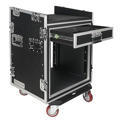  Sound Town Shock Mount 12U ATA Rack Case with 20” Rackable Depth, 11U Slant Mixer Top and Casters, 12-Space Size - Pro Tour Grade (STMR-SP12UW)