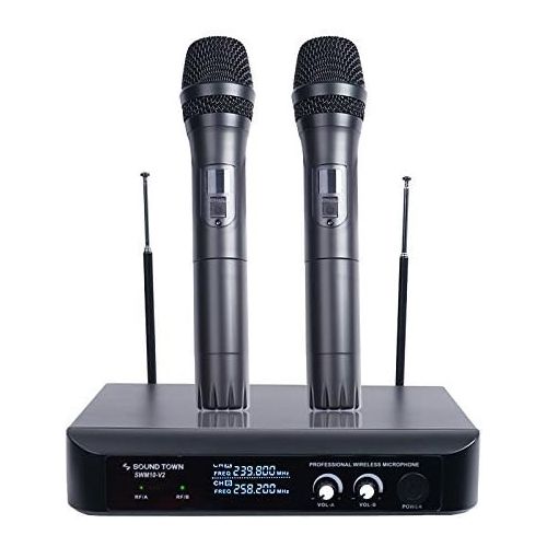  Sound Town Professional Dual-Channel VHF Handheld Wireless Microphone System with LED Display, 2 Handheld Mics for Family Party, Conference, Karaoke, Wedding, Church (SWM10-V2HH)