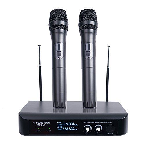  Sound Town Professional Dual-Channel VHF Handheld Wireless Microphone System with LED Display, 2 Handheld Mics for Family Party, Conference, Karaoke, Wedding, Church (SWM10-V2HH)