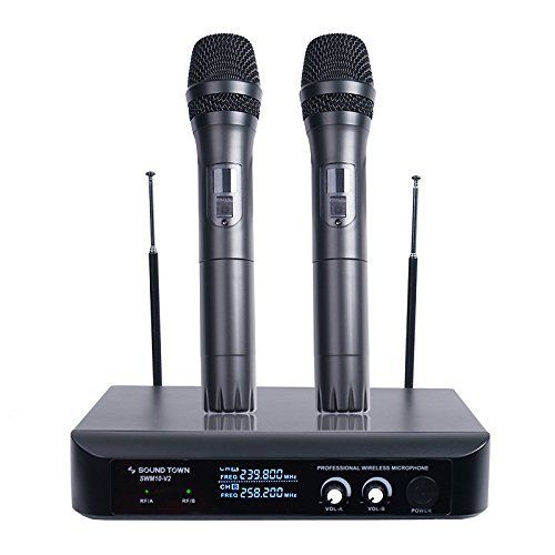  Sound Town Professional Dual-Channel VHF Handheld Wireless Microphone System, 2 handheld mics, for Church, Business Meeting, Outdoor Wedding and Karaoke (SWM10-V2HH)