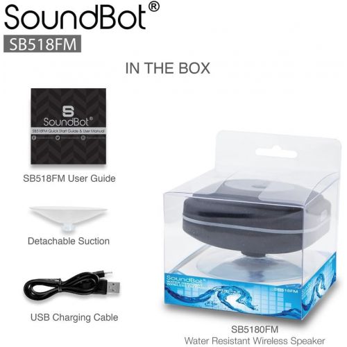  SoundBot SB518FM FM RADIO Water Resistant Bluetooth Wireless Shower Speaker Hands-Free Portable Speakerphone w/ Smart One Touch Auto-Scan, 6Hrs Music Streaming, Built-in Mic, Detac