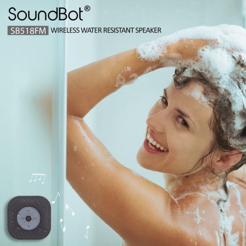  SoundBot SB518FM FM RADIO Water Resistant Bluetooth Wireless Shower Speaker Hands-Free Portable Speakerphone w/ Smart One Touch Auto-Scan, 6Hrs Music Streaming, Built-in Mic, Detac