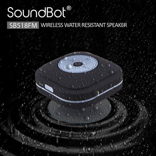  SoundBot SB518FM FM RADIO Water Resistant Bluetooth Wireless Shower Speaker Hands-Free Portable Speakerphone w/ Smart One Touch Auto-Scan, 6Hrs Music Streaming, Built-in Mic, Detac