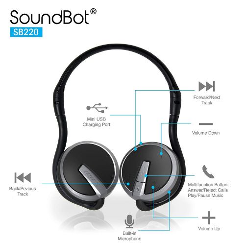  SoundBot¨ SB221 HD Wireless Bluetooth 4.0 Headset Sports-Active Headphone for 20Hrs Music Streaming & 25Hrs HandsFree Calling w/Sweat Resistant Ergonomic Secure-Fit Design & Voice