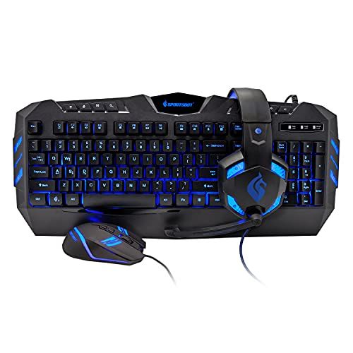  Soundbot SportsBot SS301 Blue LED Gaming Over-Ear Headset Headphone, Keyboard & Mouse Combo Set w/ 40mm Speaker Driver, High-Quality Microphone, Multimedia Keys & Window Key Lock, 4 DPI Lev