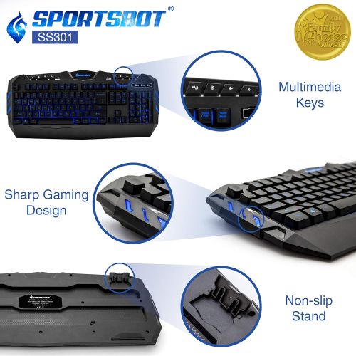  Soundbot SportsBot SS301 Blue LED Gaming Over-Ear Headset Headphone, Keyboard & Mouse Combo Set w/ 40mm Speaker Driver, High-Quality Microphone, Multimedia Keys & Window Key Lock, 4 DPI Lev