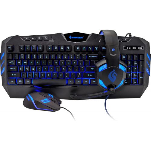  Soundbot SportsBot SS301 Blue LED Gaming Over-Ear Headset Headphone, Keyboard & Mouse Combo Set w/ 40mm Speaker Driver, High-Quality Microphone, Multimedia Keys & Window Key Lock, 4 DPI Lev