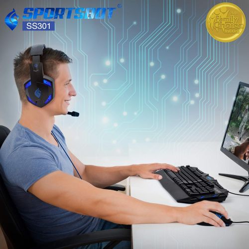  Soundbot SportsBot SS301 Blue LED Gaming Over-Ear Headset Headphone, Keyboard & Mouse Combo Set w/ 40mm Speaker Driver, High-Quality Microphone, Multimedia Keys & Window Key Lock, 4 DPI Lev