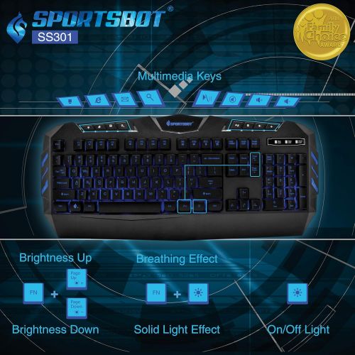  Soundbot SportsBot SS301 Blue LED Gaming Over-Ear Headset Headphone, Keyboard & Mouse Combo Set w/ 40mm Speaker Driver, High-Quality Microphone, Multimedia Keys & Window Key Lock, 4 DPI Lev