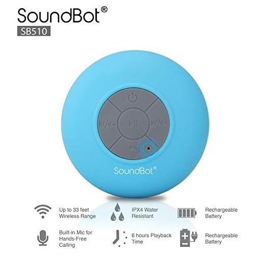  [아마존베스트]SoundBot SB510 HD Water Resistant Bluetooth 3.0 Shower Speaker, Handsfree Portable Speakerphone with Built-in Mic, 6hrs of playtime, Control Buttons and Dedicated Suction Cup (Blue