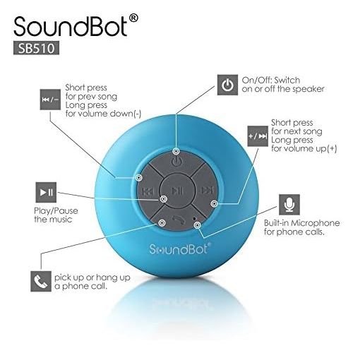  [아마존베스트]SoundBot SB510 HD Water Resistant Bluetooth 3.0 Shower Speaker, Handsfree Portable Speakerphone with Built-in Mic, 6hrs of playtime, Control Buttons and Dedicated Suction Cup (Blue