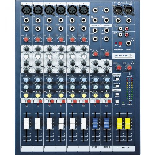  Soundcraft},description:The Soundcraft EPM6 is a 6x2 frame size mixer that places emphasizes on quality, audio performance, and an easy to understand, uncluttered control surface.