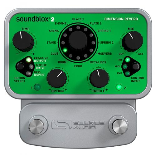  Source Audio},description:The Soundblox 2 Dimension Reverb offers 12 distinct shades of reverb. Choose from six reflectively diverse room sounds, two plate and two spring reverbs,