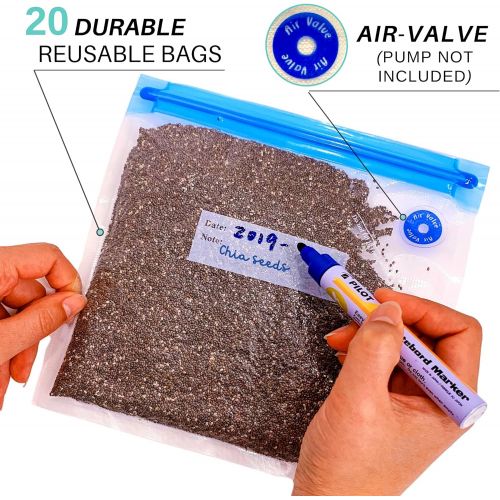  SousBear Sous Vide Bags 20 Reusable Vacuum Food Storage Bags for Anova, Joule Cookers - 2 Sizes Sous Vide Bag Kit - 2 Sealing Clips for Food Storage and Sous Vide Cooking
