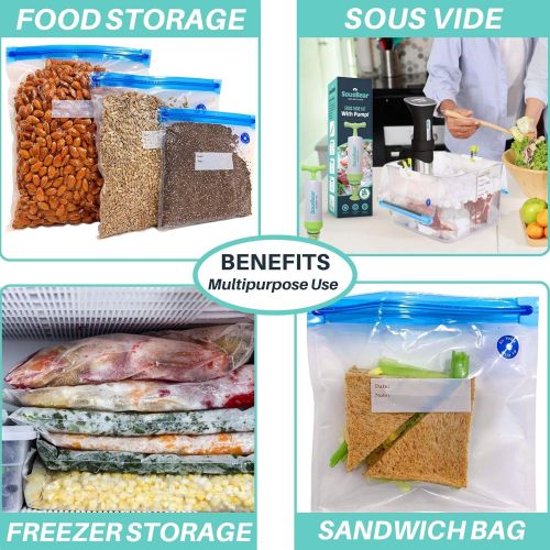  SousBear Sous Vide Bags 20 Reusable Vacuum Food Storage Bags for Anova, Joule Cookers - 2 Sizes Sous Vide Bag Kit - 2 Sealing Clips for Food Storage and Sous Vide Cooking
