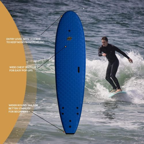  South Bay Board Co. Premium Surfboards for Beginners (7, 8, and 88) Wax-Free Soft-Top Foam Surfboard with 3 Thruster Fins, Fin Key, and Leash  Custom Beginner Shape for Easier, Better Surfing for Adu