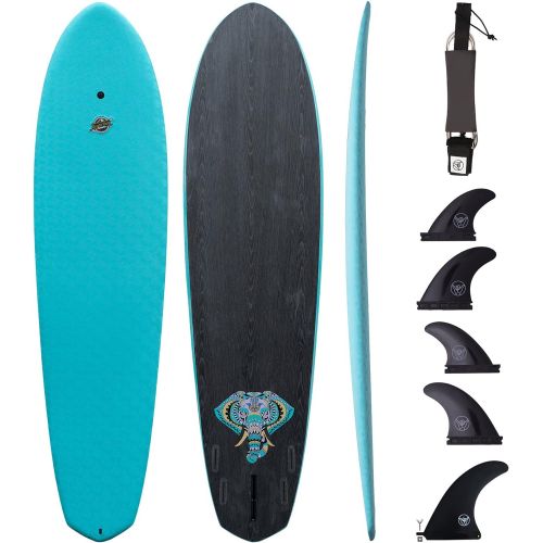  South Bay Board Co. Hybrid Surfboard (77 Funboard)-Wax-Free Textured Foam Top Deck & Glass Bottom Deck (6oz Fiberglass) with FCSII Boxes, Correct Fins, Key & 8 Leash-in Aqua, Black, Red from South Bay