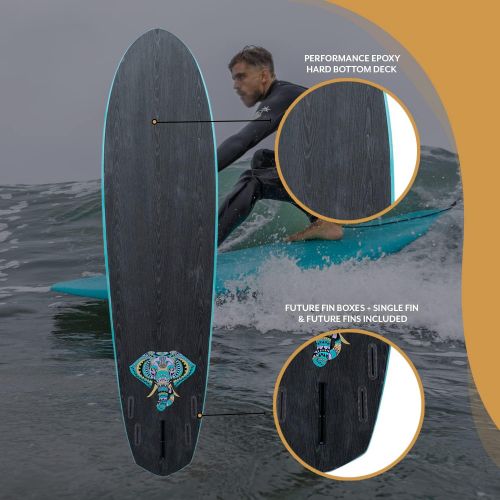  South Bay Board Co. Hybrid Surfboard (77 Funboard)-Wax-Free Textured Foam Top Deck & Glass Bottom Deck (6oz Fiberglass) with FCSII Boxes, Correct Fins, Key & 8 Leash-in Aqua, Black, Red from South Bay