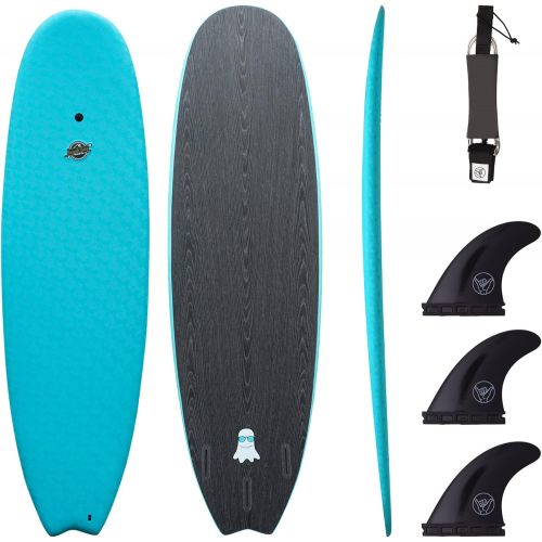  South Bay Board Co. Hybrid Surfboard (68 Funboard)-Wax-Free Textured Foam Top Deck & Glass Bottom Deck (6oz Fiberglass) with FCSII Boxes, Correct Fins, Key & 7 Leash-Iin Aqua, Black, Red from South Ba