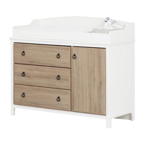  South Shore Catimini Long Changing Table with Removable Changing Station with Drawers and Door, Pure White & Rustic Oak