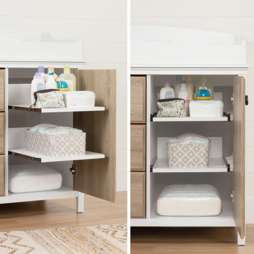  South Shore Catimini Long Changing Table with Removable Changing Station with Drawers and Door, Pure White & Rustic Oak