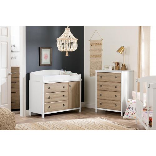  South Shore Catimini Long Changing Table with Removable Changing Station with Drawers and Door, Pure White & Rustic Oak