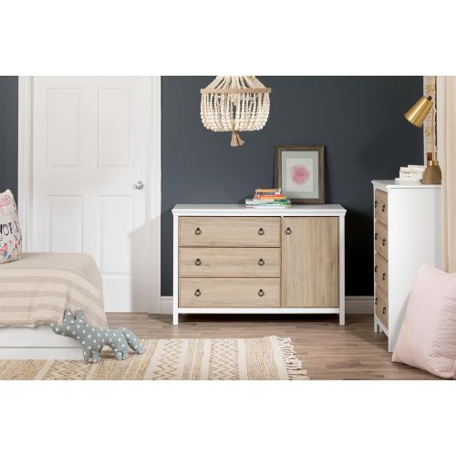  South Shore Catimini Long Changing Table with Removable Changing Station with Drawers and Door, Pure White & Rustic Oak
