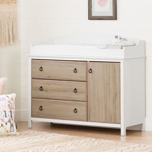  South Shore Catimini Long Changing Table with Removable Changing Station with Drawers and Door, Pure White & Rustic Oak