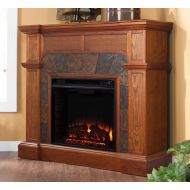 Southern Enterprises Cartwright Convertible Electric Fireplace, Mission Oak Finish with Earth Tone Tiles