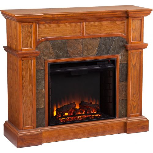  Southern Enterprises Cartwright Convertible Electric Fireplace, Mission Oak Finish with Earth Tone Tiles