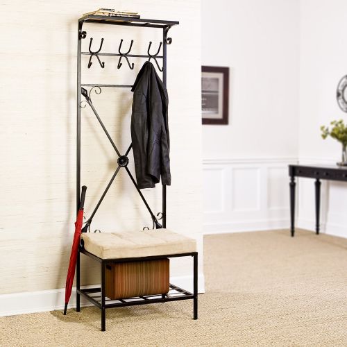  Southern Enterprises Entryway Bench and Storage Rack 72.5 Tall, Black Finish