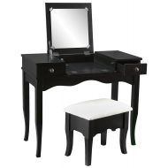 Southern Enterprises Francesca Vanity and Ivory Cushioned Bench Set, Black Finish with Antiqued Bronze Drawer Pulls