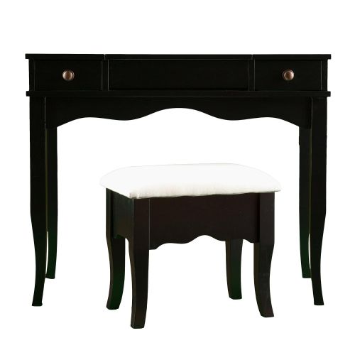  Southern Enterprises Francesca Vanity and Ivory Cushioned Bench Set, Black Finish with Antiqued Bronze Drawer Pulls
