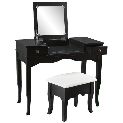  Southern Enterprises Francesca Vanity and Ivory Cushioned Bench Set, Black Finish with Antiqued Bronze Drawer Pulls