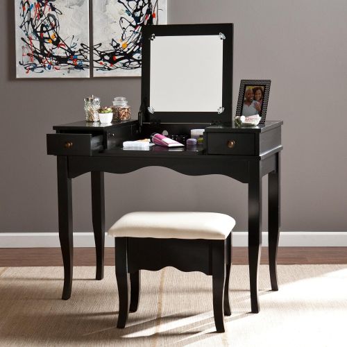  Southern Enterprises Francesca Vanity and Ivory Cushioned Bench Set, Black Finish with Antiqued Bronze Drawer Pulls