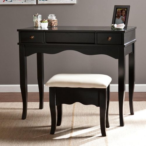  Southern Enterprises Francesca Vanity and Ivory Cushioned Bench Set, Black Finish with Antiqued Bronze Drawer Pulls