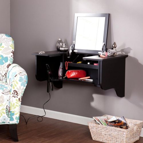  Southern Enterprises Wall Mount Shelf with Vanity Mirror, Black Finish