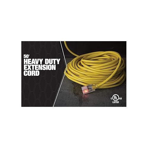  Southwire Outdoor Extension Cord, 50 Ft, 12 gauge 3 prong, Heavy Duty, SJTW Cord, Yellow, 2588