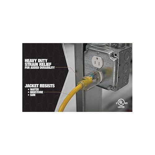  Southwire Outdoor Extension Cord, 50 Ft, 12 gauge 3 prong, Heavy Duty, SJTW Cord, Yellow, 2588