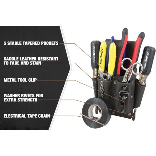  Southwire Tools & Equipment POUCH4 Leather Tool Pouch, 5 Pocket Pouch with Electrical Tape Chain, Fade Resistant, Durable Compartments, Washer Rivets, Includes Metal Tool Clip, Dar